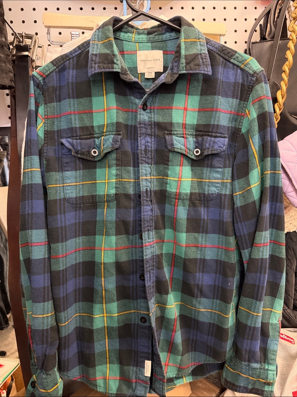 American Eagle Outfitters Teal and Navy Plaid Button-Down Shirt